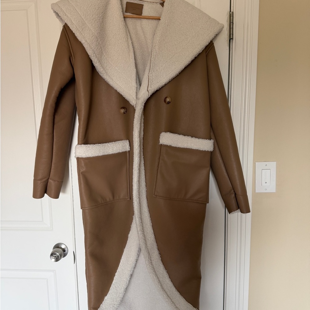 Faux-Shearling Trim Brown Long Coat
